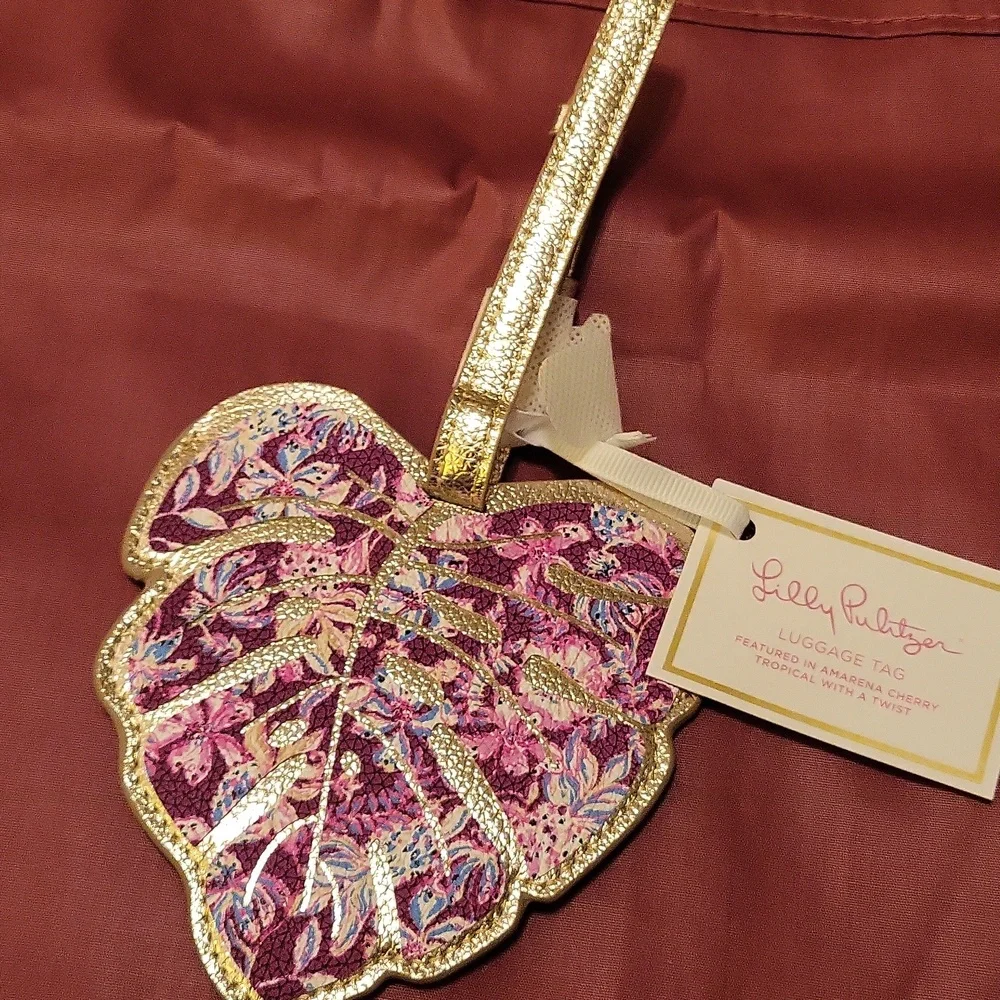 Lilly Pulitzer Gold & Pink Tropical Leaf Luggage Tag Bnwt Ls